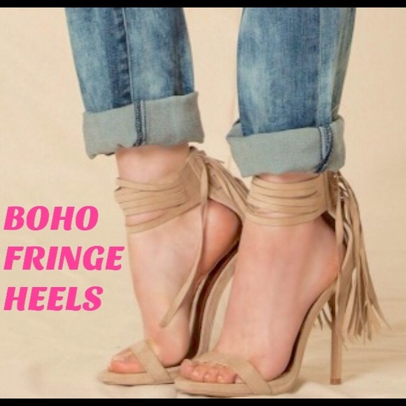 FRINGE HEELS TAUPE/NUDE COLOR BOHO GYPSY HIPPIE - Picture 7 of 7